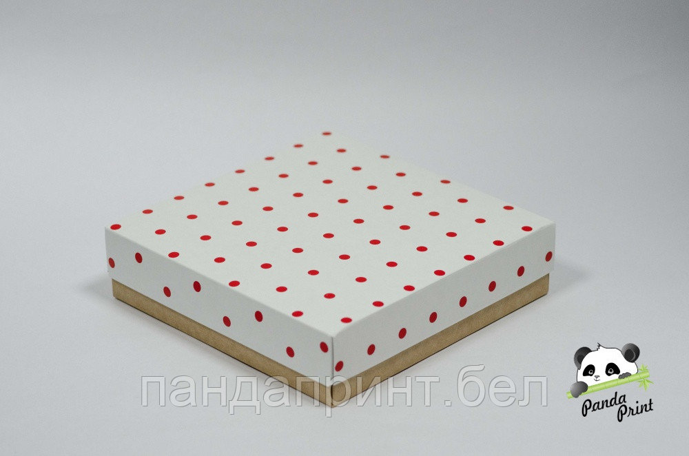 Коробка 200х200х50 Горох красный на белом (крафт дно)