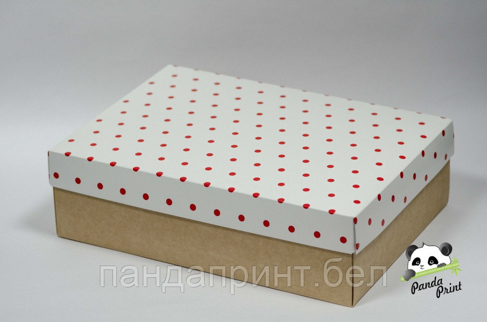 Коробка 350х250х100 Горох красный на белом (крафт дно)