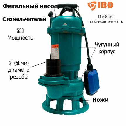 Фекальный насос с измельчителем IBO CTR 550 (550Вт, 18 м3/ч, погружение до 12 м), фото 2