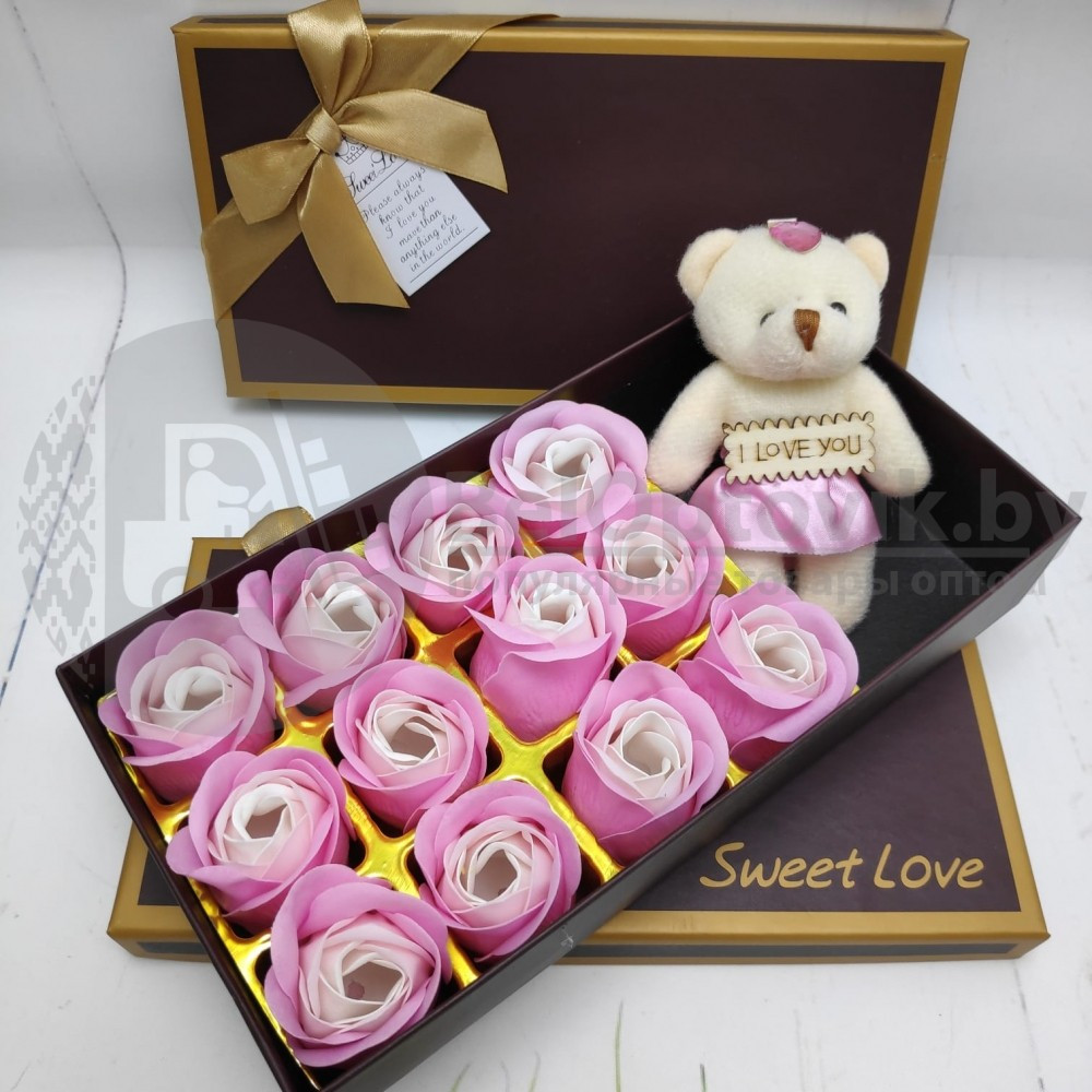 Подарочный набор 12 мыльных роз Мишка Розовые оттенки - фото 6 - id-p142027462