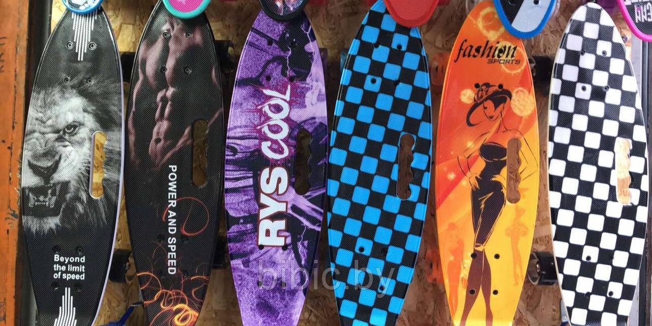 Скейт Пенни борд Penny board / скейт с принтом, светящимися колёсами и ручкой Фламинго - фото 2 - id-p105922758