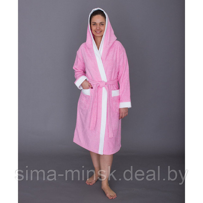 Халат женский с капюшоном, размер 48, цвет белый+розовый, махра - фото 1 - id-p144491614