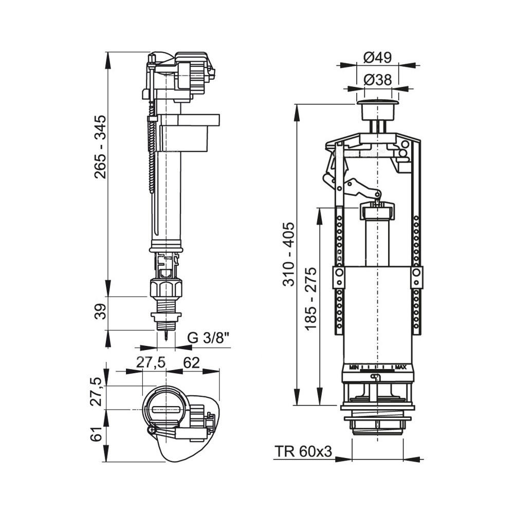 Выпускной комплект нижний Alcaplast SA2000SK 3/8" CHROM со стоп кнопкой и металлической резьбой - фото 2 - id-p139966197