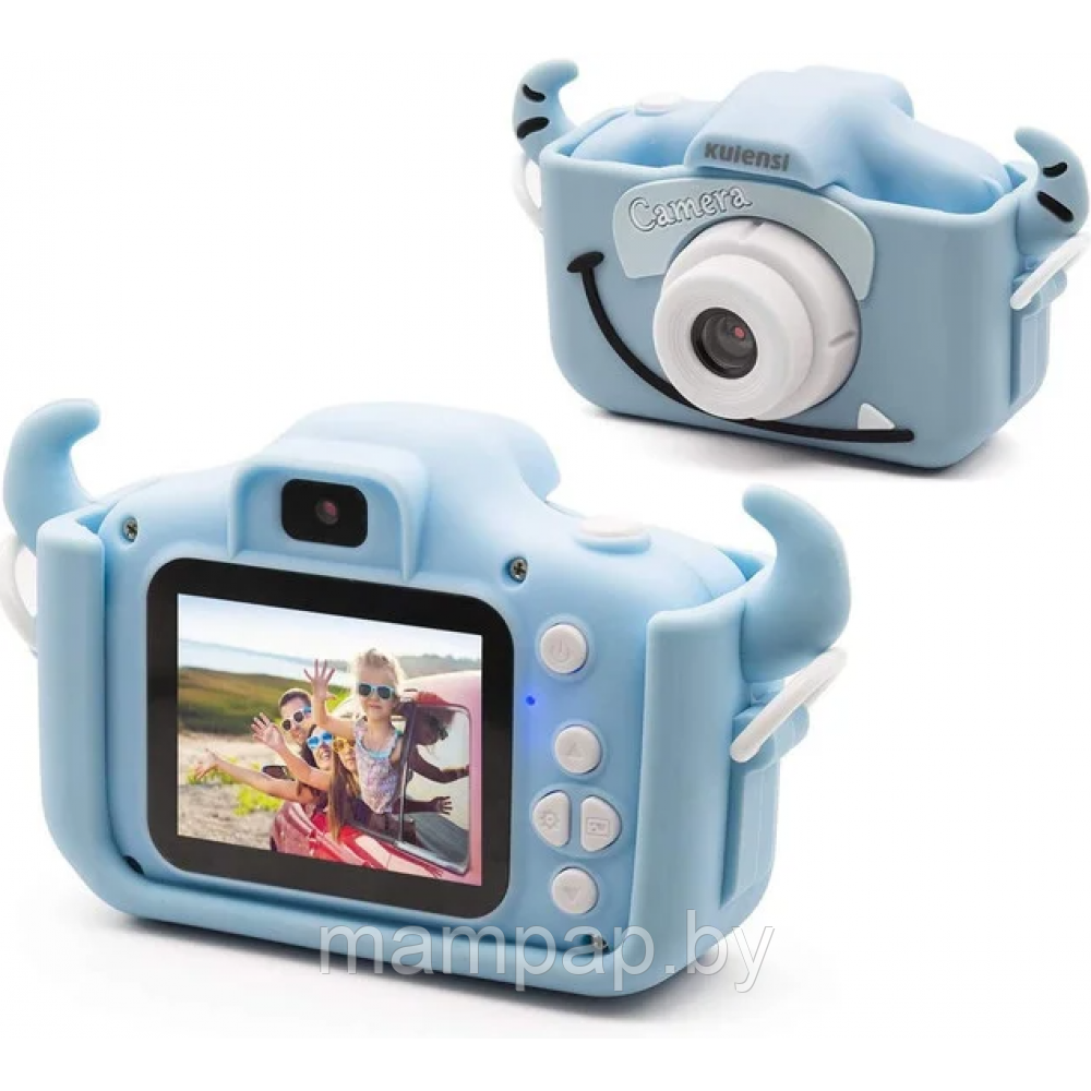 Детский фотоаппарат Рожки + селфи камера + память (голубой)