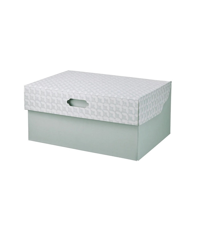 ХЮВЕНС Коробка с крышкой, серо-зеленый белый/бумага33x23x15 см