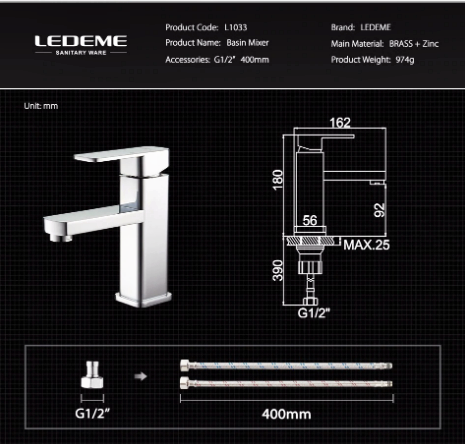 Смеситель на умывальник из нержавеющей стали LEDEMEL71033 - фото 8 - id-p142514816