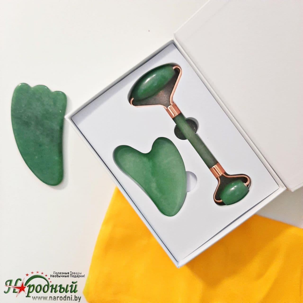 Скребок + ролик для массажа Гуаша нефритовый (Набор 2 в 1) Цвет зеленый в подарочной коробке - фото 2 - id-p145260095