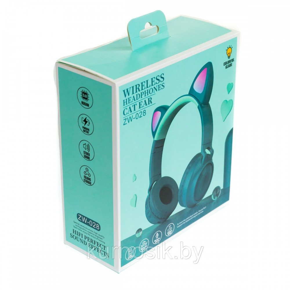 Беспроводные детские наушники с ушками котика (Bluetooth, MP3, FM, AUX, Mic, LED) бирюзовый - фото 4 - id-p145456744