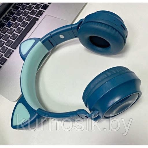 Беспроводные детские наушники с ушками котика (Bluetooth, MP3, FM, AUX, Mic, LED) бирюзовый - фото 2 - id-p145456744
