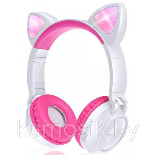 Беспроводные детские наушники с ушками котика (Bluetooth, MP3, FM, AUX, Mic, LED) белый