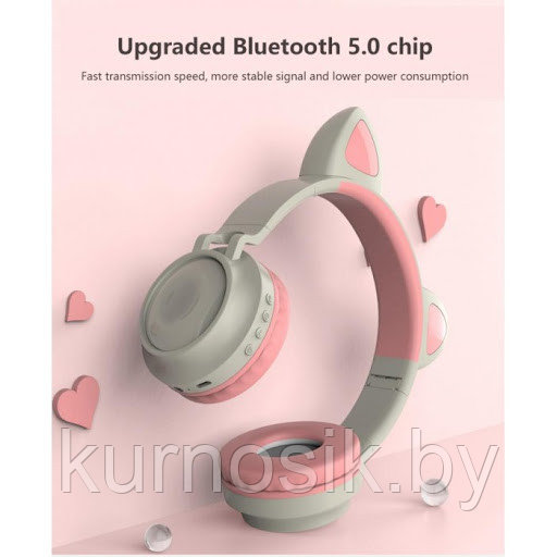 Беспроводные детские наушники с ушками котика (Bluetooth, MP3, FM, AUX, Mic, LED) розовый - фото 4 - id-p145457314
