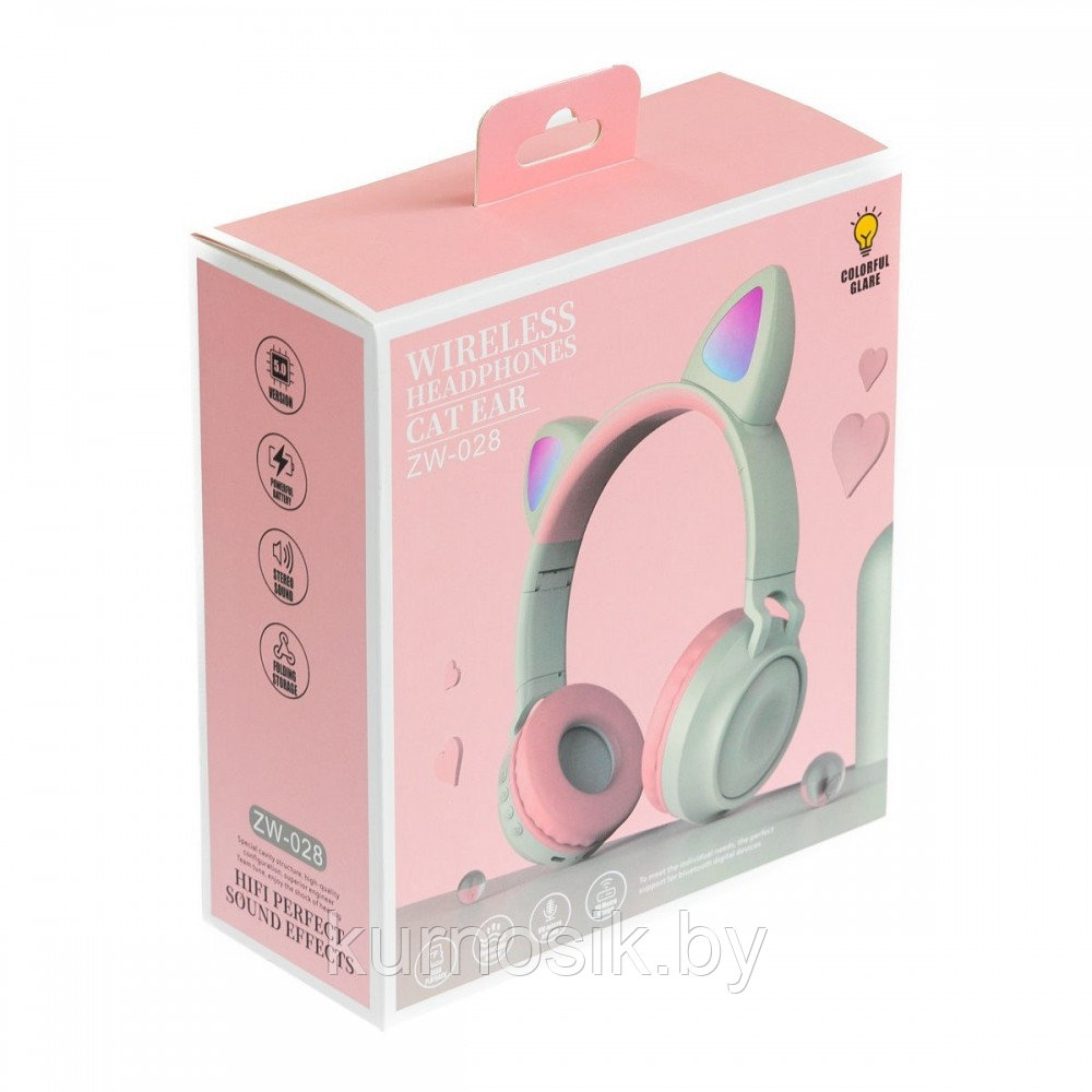 Беспроводные детские наушники с ушками котика (Bluetooth, MP3, FM, AUX, Mic, LED) розовый - фото 5 - id-p145457314