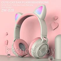 Беспроводные детские наушники с ушками котика (Bluetooth, MP3, FM, AUX, Mic, LED) розовый