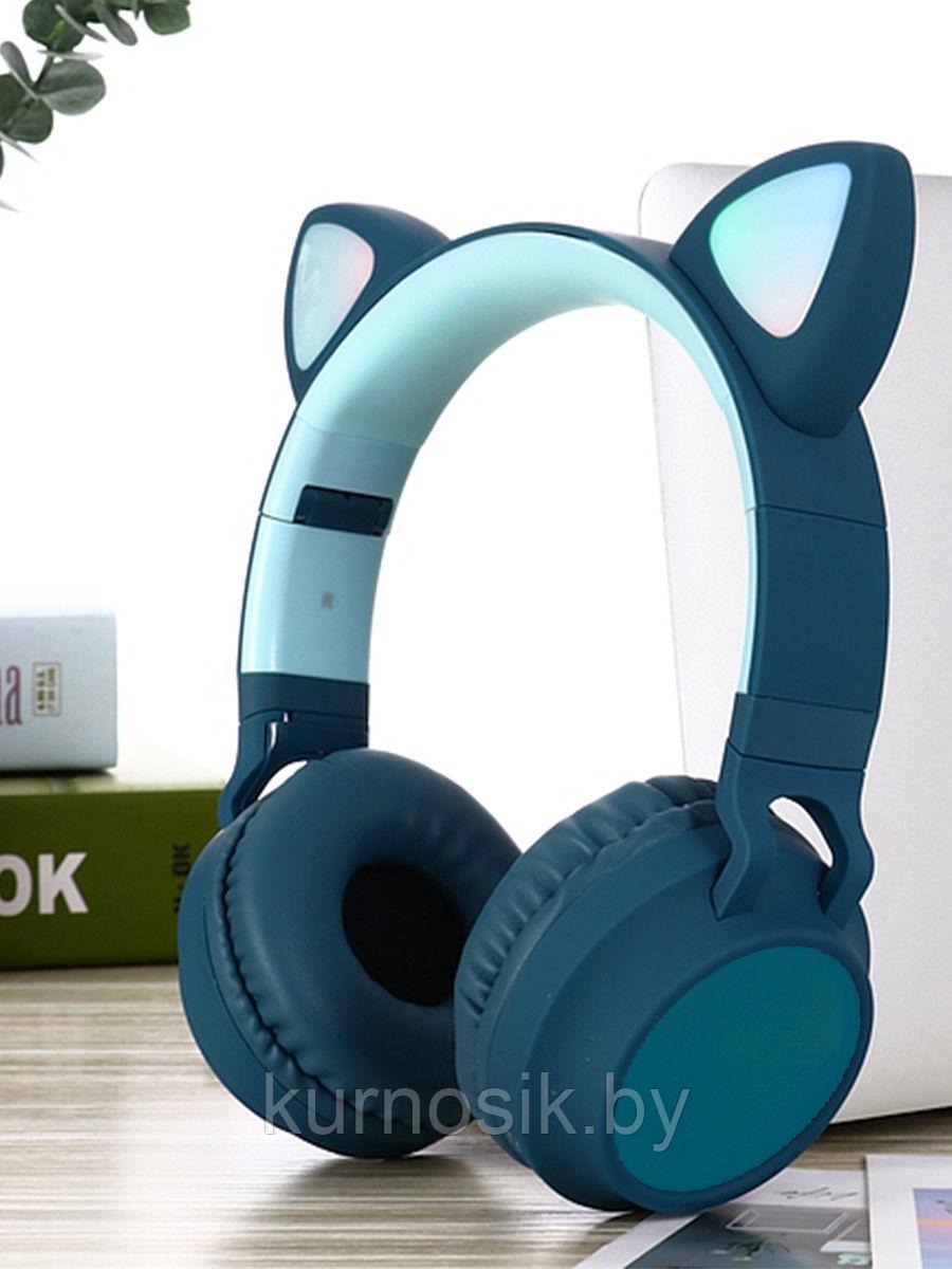 Беспроводные детские наушники с ушками котика (Bluetooth, MP3, FM, AUX, Mic, LED) бирюзовый - фото 1 - id-p145456744