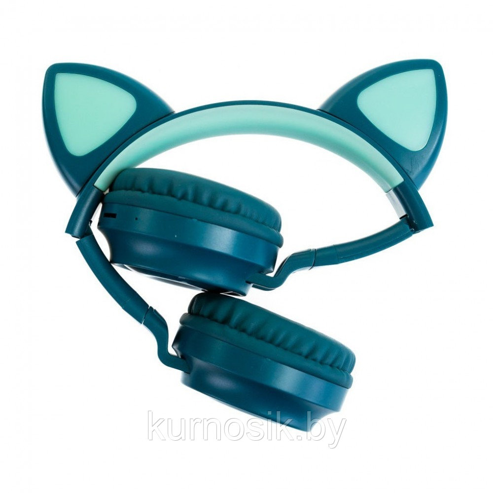 Беспроводные детские наушники с ушками котика (Bluetooth, MP3, FM, AUX, Mic, LED) бирюзовый - фото 5 - id-p145456744