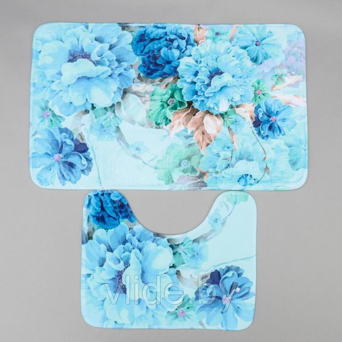 Набор ковриков для ванны и туалета «Флори» 2 шт, 79×49, 49×40 см, цвет голубой