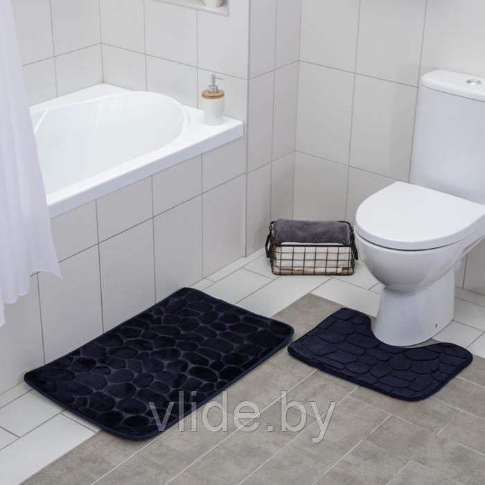Набор ковриков для ванны и туалета «Камни», объёмные, 2 шт: 39×50, 50×80 см, цвет синий - фото 2 - id-p145586794