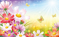 Детский фотообои разноцветные цветы, солнце, небо, бабочки, зеленая трава