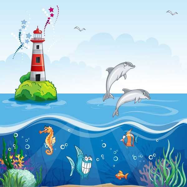 Детский фотообои с морским пейзажем, рыбками, дельфинами, волнами и маяком