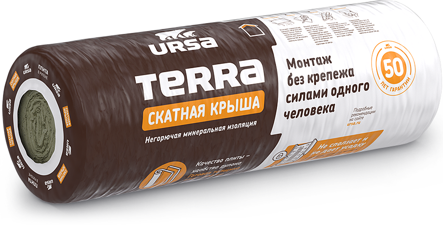 Урса Ursa Terra 35 QN маты из стекловолокна Скатная крыша, 3900-1200-150, 1уп=1рул=4.68м2=0.702м3