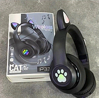 Наушники беспроводные кошачьи Cat P33M с ушками LED+Светящиеся уши (Черные)
