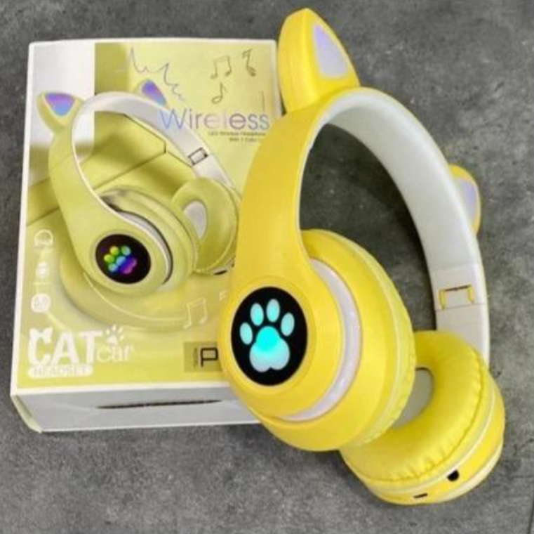 Наушники кошачьи беспроводные Cat P33M с ушками LED+Светящиеся уши (Желтые), фото 1