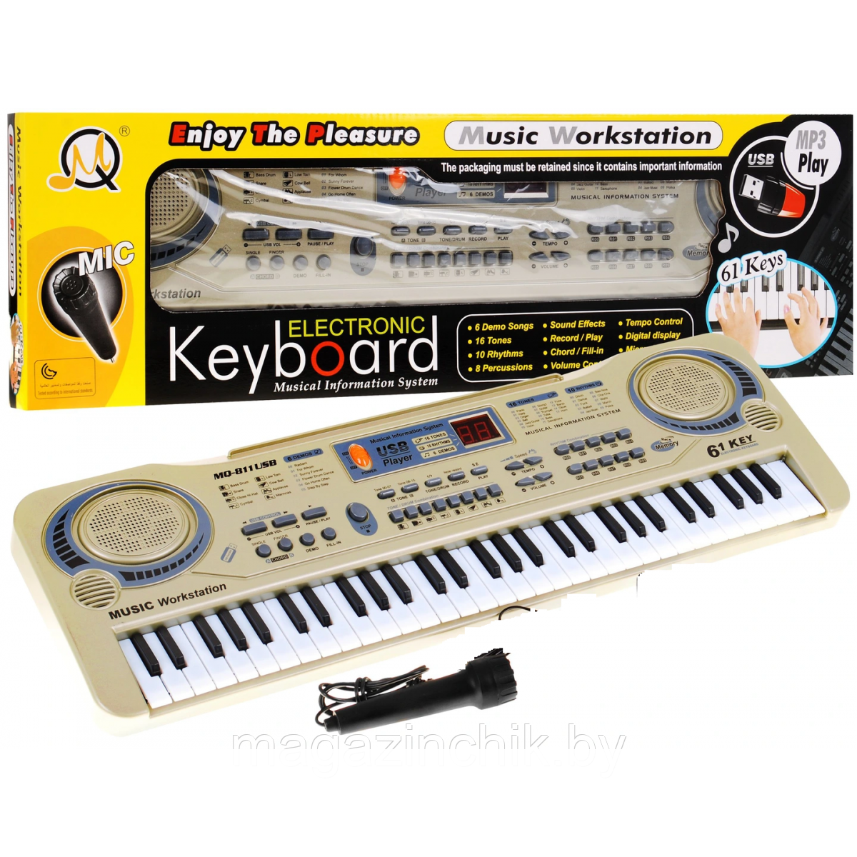 Детский электронный MP3 синтезатор пианино 61 клавиша с микрофоном MQ-811 USB - фото 1 - id-p146000136
