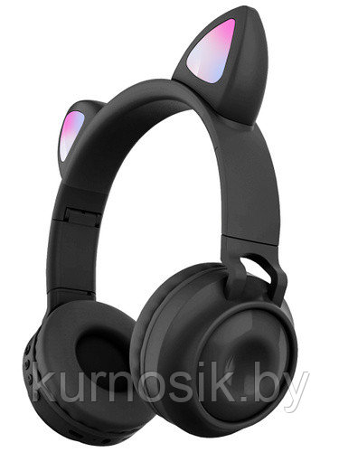 Беспроводные детские наушники с ушками котика (Bluetooth, MP3, FM, AUX, Mic, LED) черные