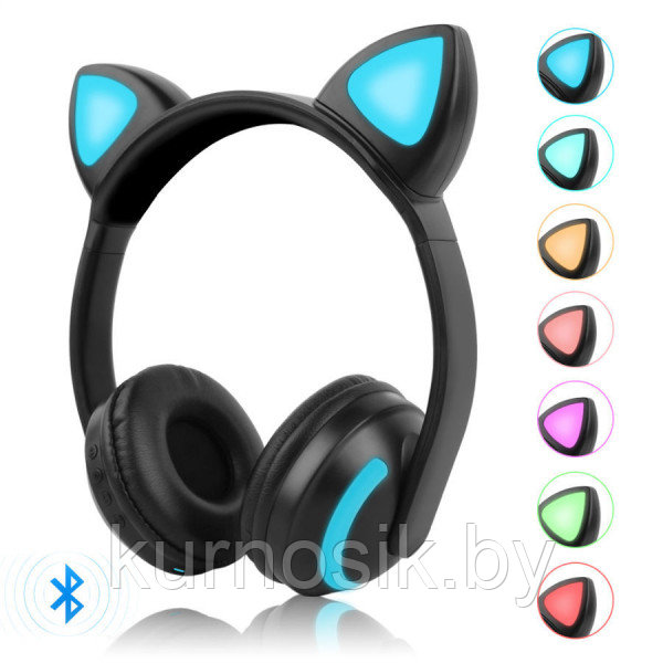 Беспроводные детские наушники с ушками котика (Bluetooth, MP3, FM, AUX, Mic, LED) черные - фото 2 - id-p146002283