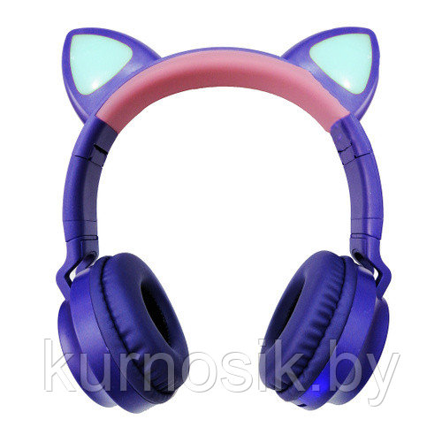 Беспроводные детские наушники с ушками котика (Bluetooth, MP3, FM, AUX, Mic, LED) фиолетовые - фото 2 - id-p146003243