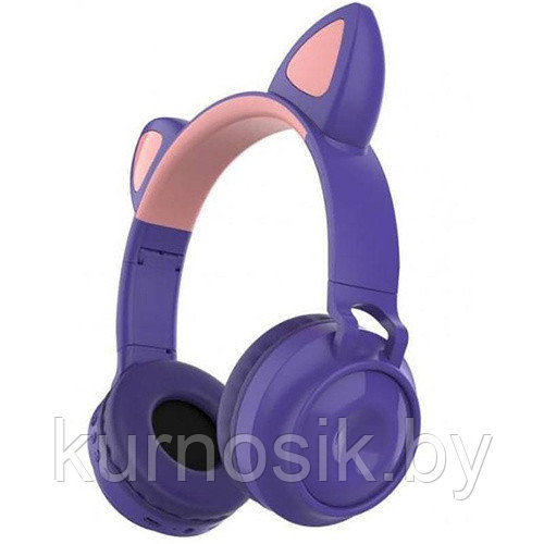 Беспроводные детские наушники с ушками котика (Bluetooth, MP3, FM, AUX, Mic, LED) фиолетовые - фото 1 - id-p146003243