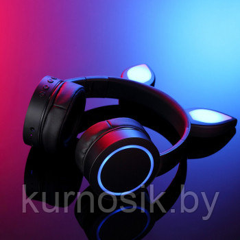 Беспроводные детские наушники с ушками котика (Bluetooth, MP3, FM, AUX, Mic, LED) фиолетовые - фото 3 - id-p146003243