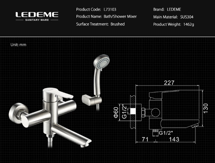 Смеситель для душа и ванны из нержавеющей стали Ledeme L73103 - фото 5 - id-p146138521