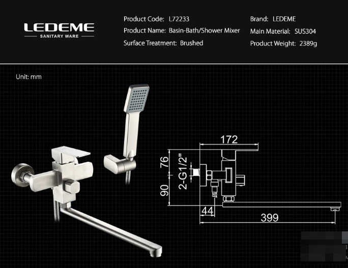 Смеситель для ванной из нержавеющей стали Ledeme L72233 - фото 7 - id-p146244646