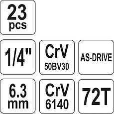 Набор инструмента 1/4" [23пр.] CrV "Yato" YT-14421, фото 2