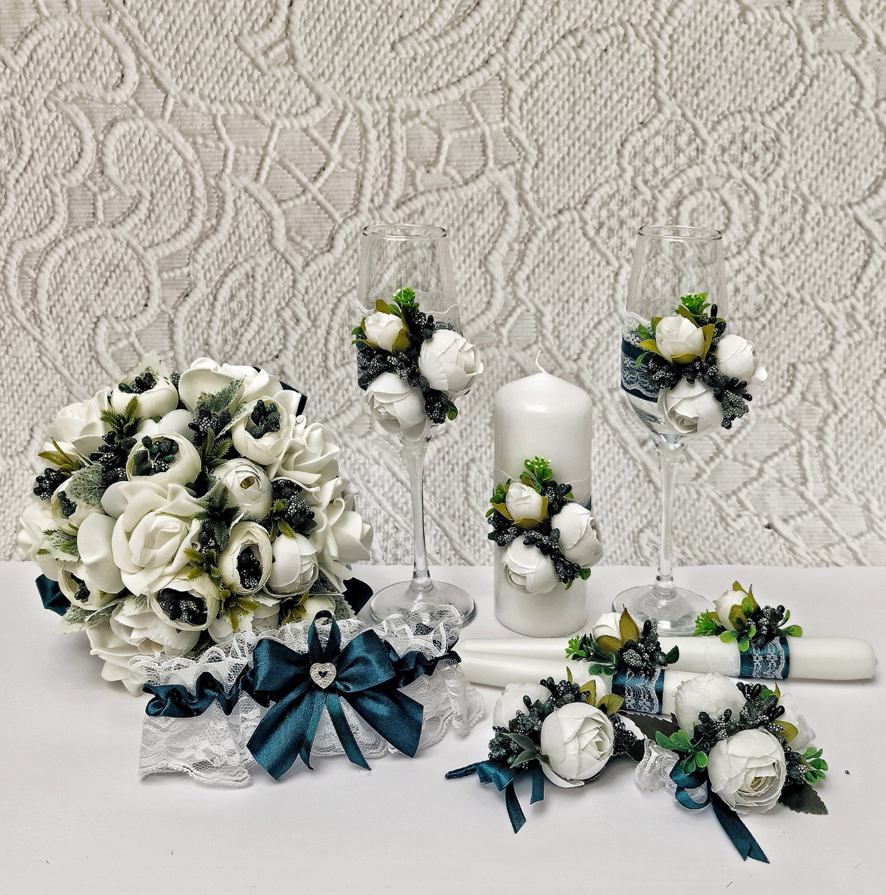 Свадебный набор "Пионы" в изумрудном цвете (mini)