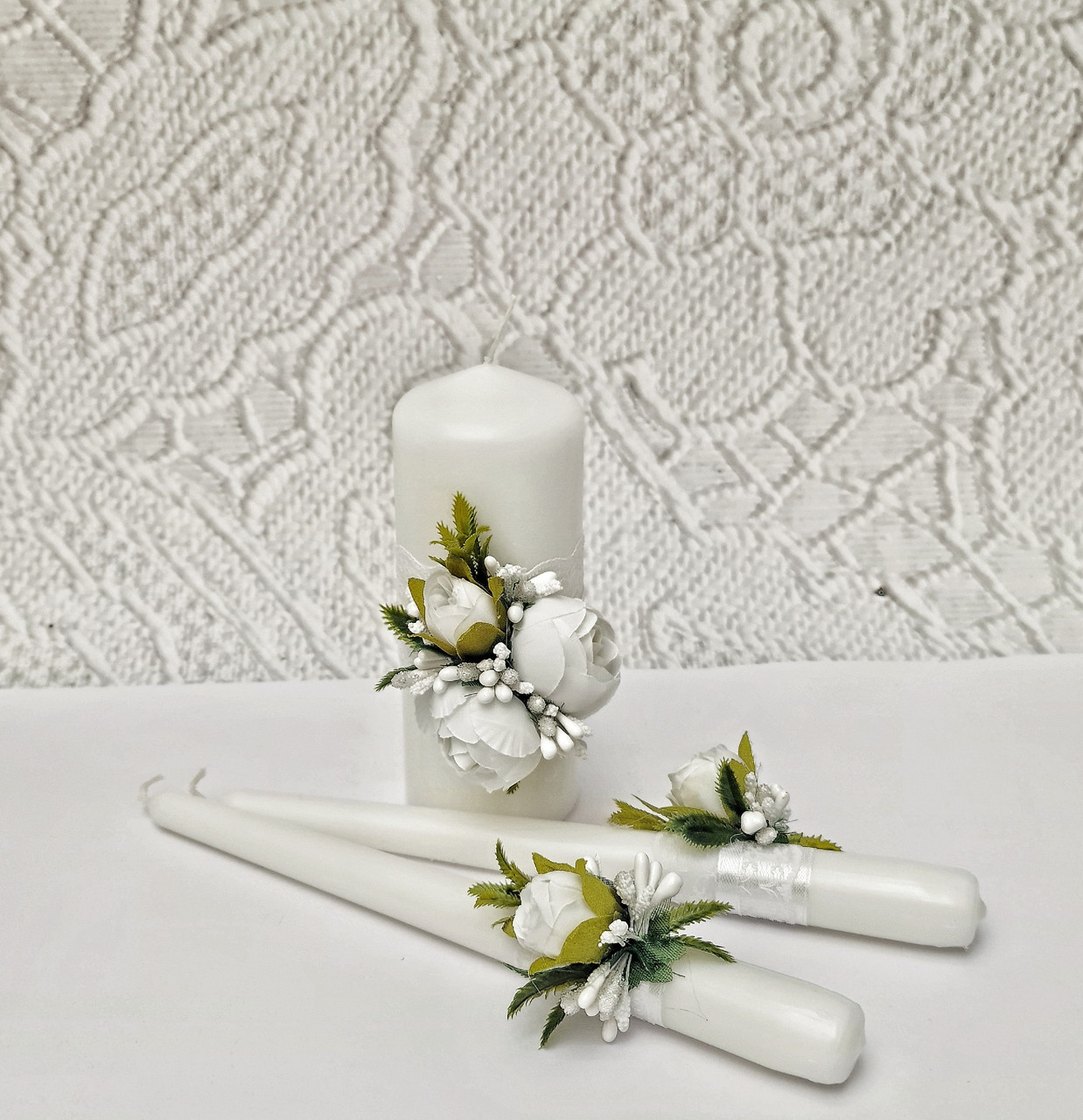 Набор свадебных свечей "Пионы" для обряда "Семейный очаг" в белом цвете