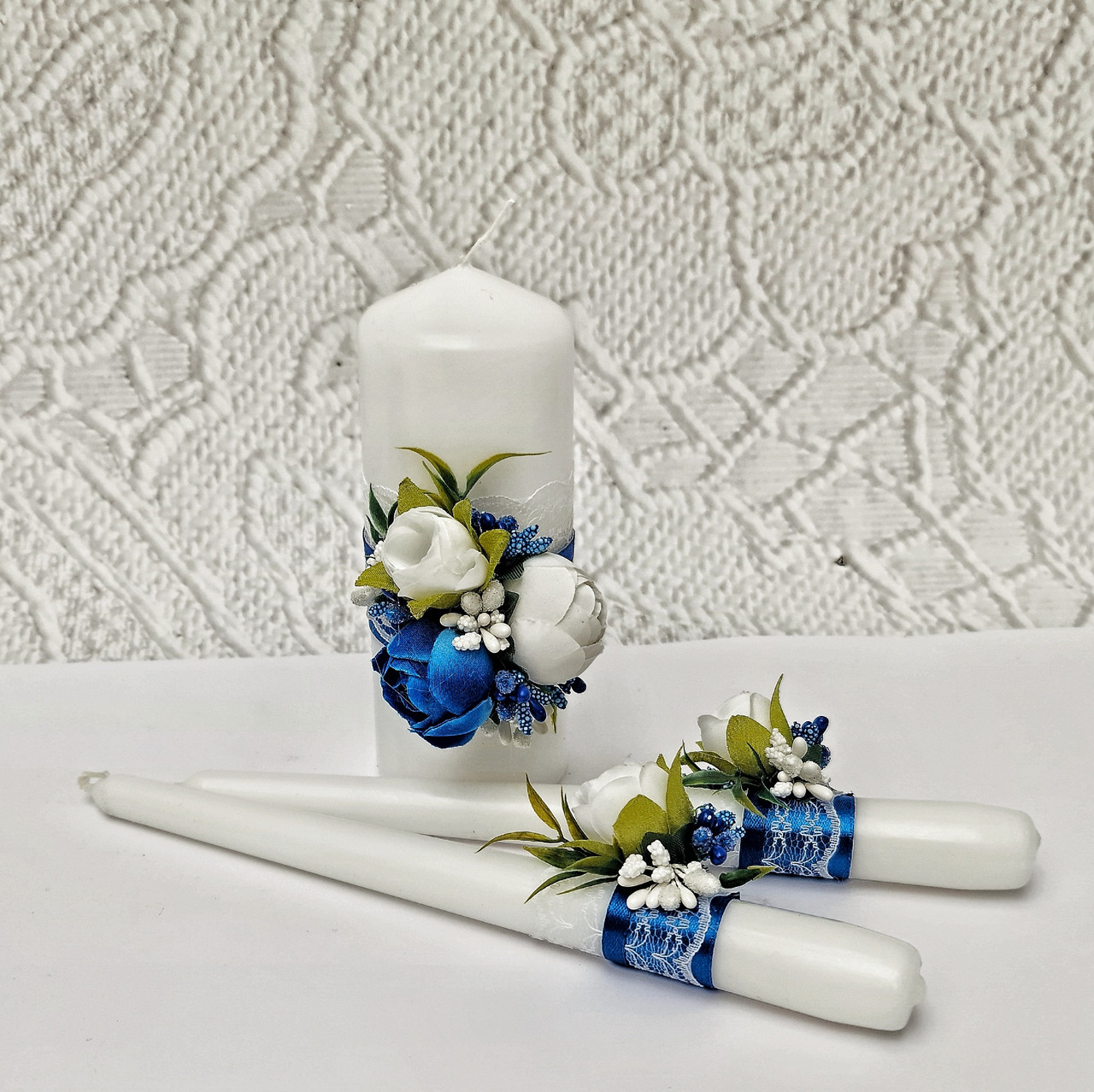 Набор свадебных свечей " Пионы" для обряда "Семейный очаг" в синем цвете