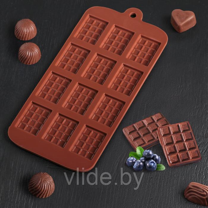 Форма для льда и шоколада Доляна «Плитка», 21×11 см, 12 ячеек (2,7×3,9 см), цвет шоколадный - фото 1 - id-p146448138
