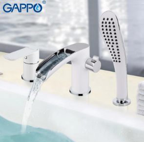 Смеситель врезной на борт ванны на 3 отверстия (белый) Gappo G1148 с эффектом водопада - фото 2 - id-p146453184