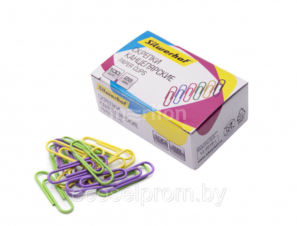 Скрепки Silwerhof металл пластиковая оболочка 28мм ассорти (упак.:100шт) картонная коробка