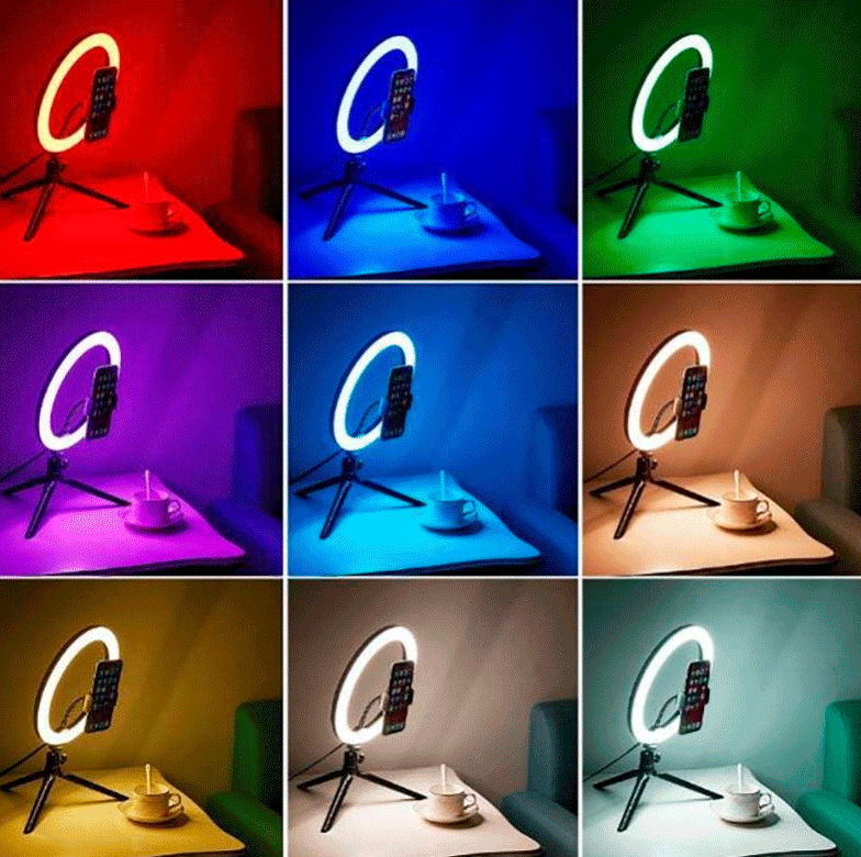 Кольцевая лампа со штативом цветная RGB LED 26 - фото 2 - id-p146687628