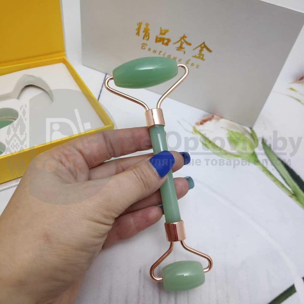 Массажный подарочный набор 2 в 1 Jade Roller нефритовый: скребок Гуаша ролик для массажа (камень) NoorAlazawi - фото 2 - id-p146820193