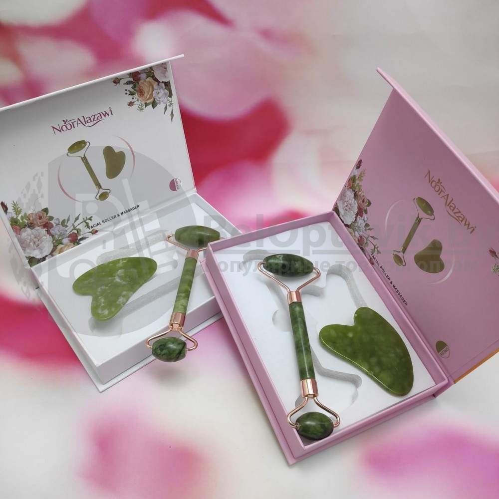 Массажный подарочный набор 2 в 1 Jade Roller нефритовый: скребок Гуаша ролик для массажа (камень) Розовый - фото 4 - id-p137332685