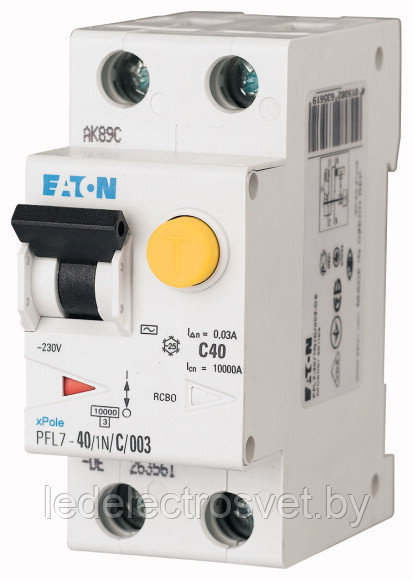 Дифф. авт. выключатель PFL7-40/1N/C/003, 1P+N, 40A, хар-ка C, 10kA, 30mA, тип АC, 2M