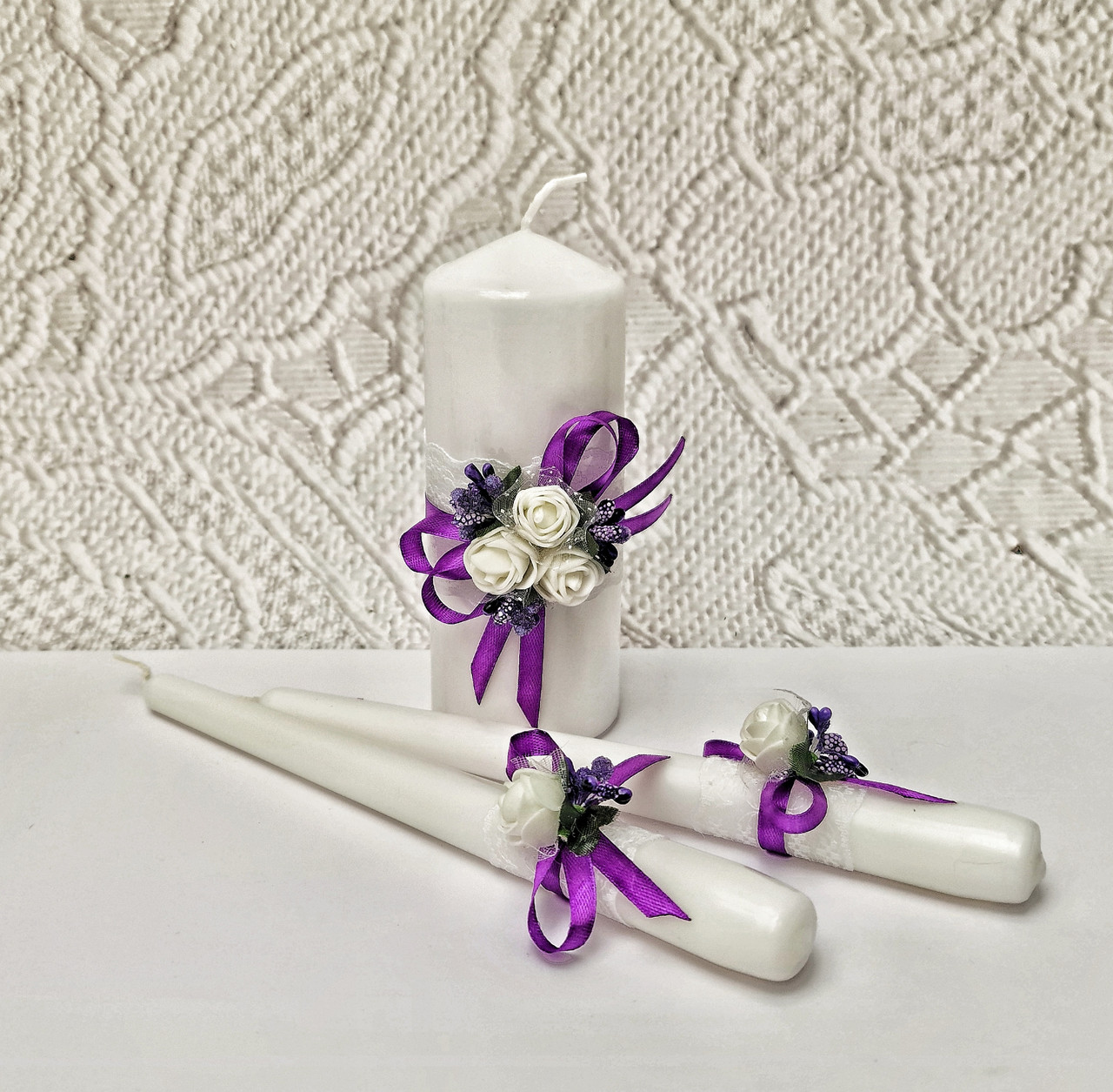 Набор свадебных свечей "Майский" для обряда "Семейный очаг" в фиолетовом цвете