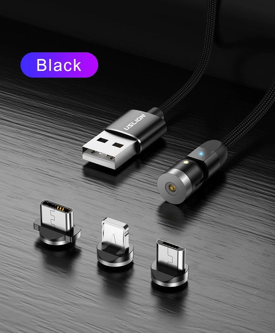 Поворотный зарядный магнитный USB кабель USLION, 1м, черный 555916 - фото 5 - id-p146965314