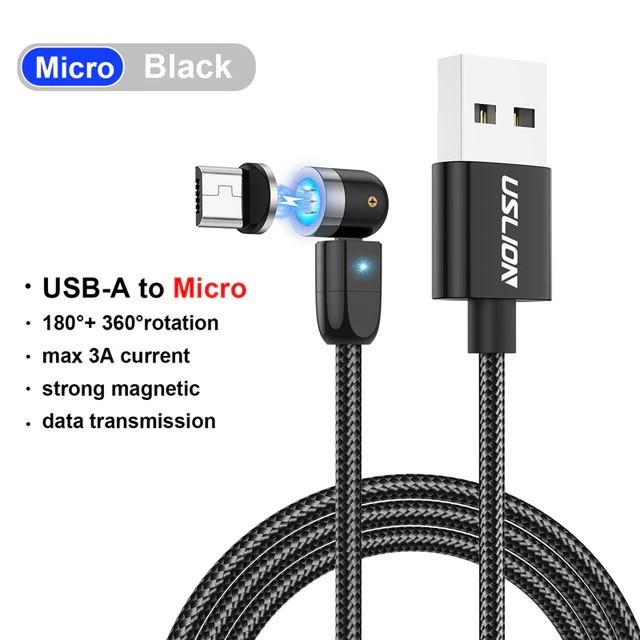 Поворотный зарядный магнитный USB кабель USLION, 1м, черный 555916 - фото 6 - id-p146965314