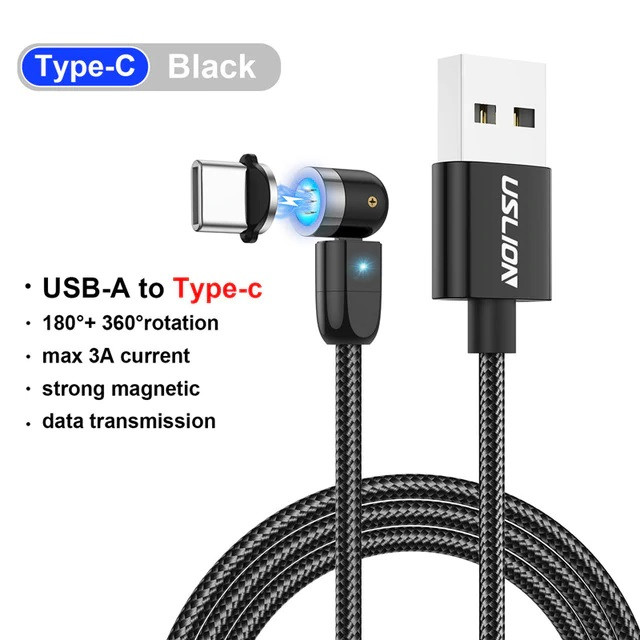 Поворотный зарядный магнитный USB кабель USLION, 1м, черный 555916 - фото 7 - id-p146965314