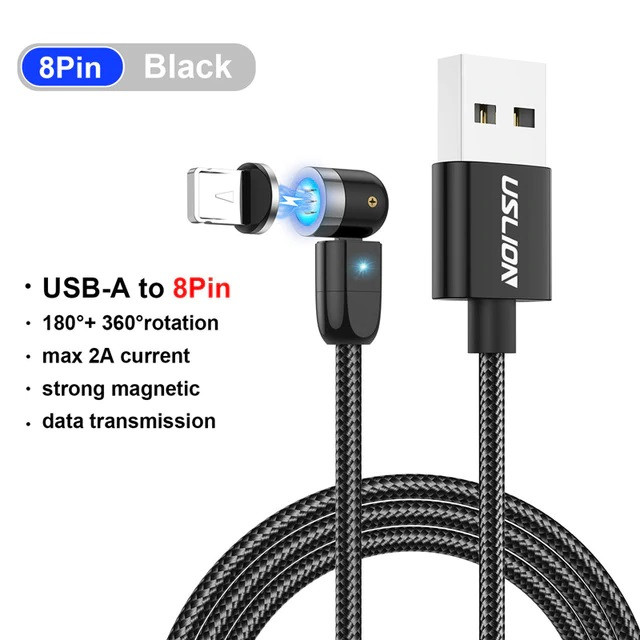 Поворотный зарядный магнитный USB кабель USLION, 1м, черный 555916 - фото 8 - id-p146965314